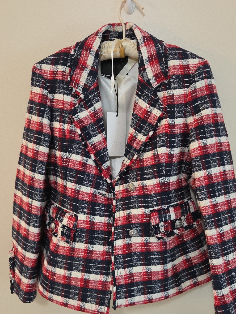 Zara Red Navy White Plaid Tweed Blazer